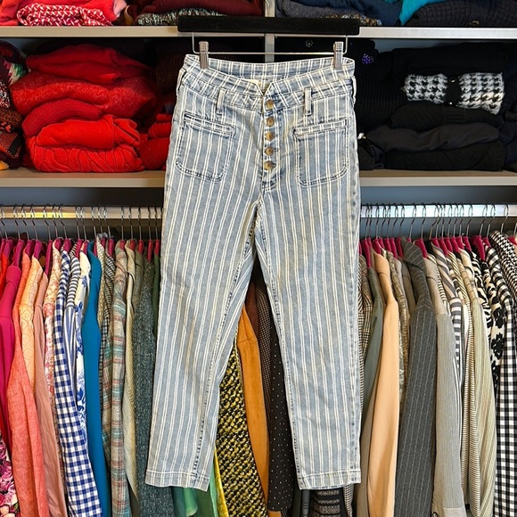 Pilcro and Letterpress blue/white striped 4 pocket button front jeans size 27 - Picture 1 of 4